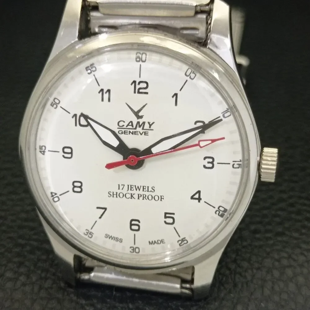 Vintage 1993 Camy Manual Mens Silver Watch W/Metal Strap & White accents